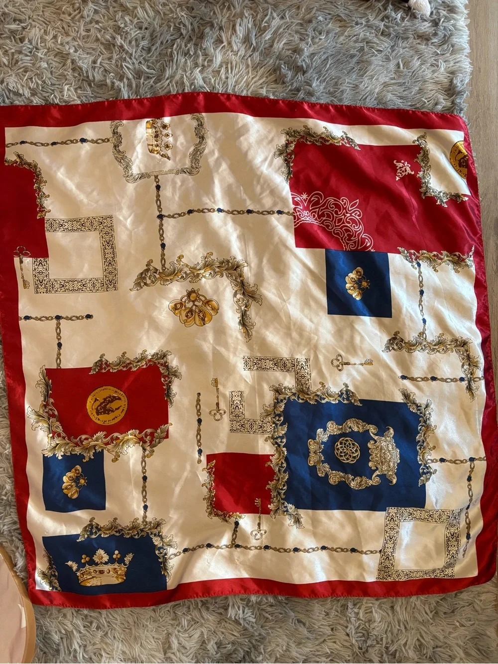Red, Navy & Cream Decorative Silk Scarf